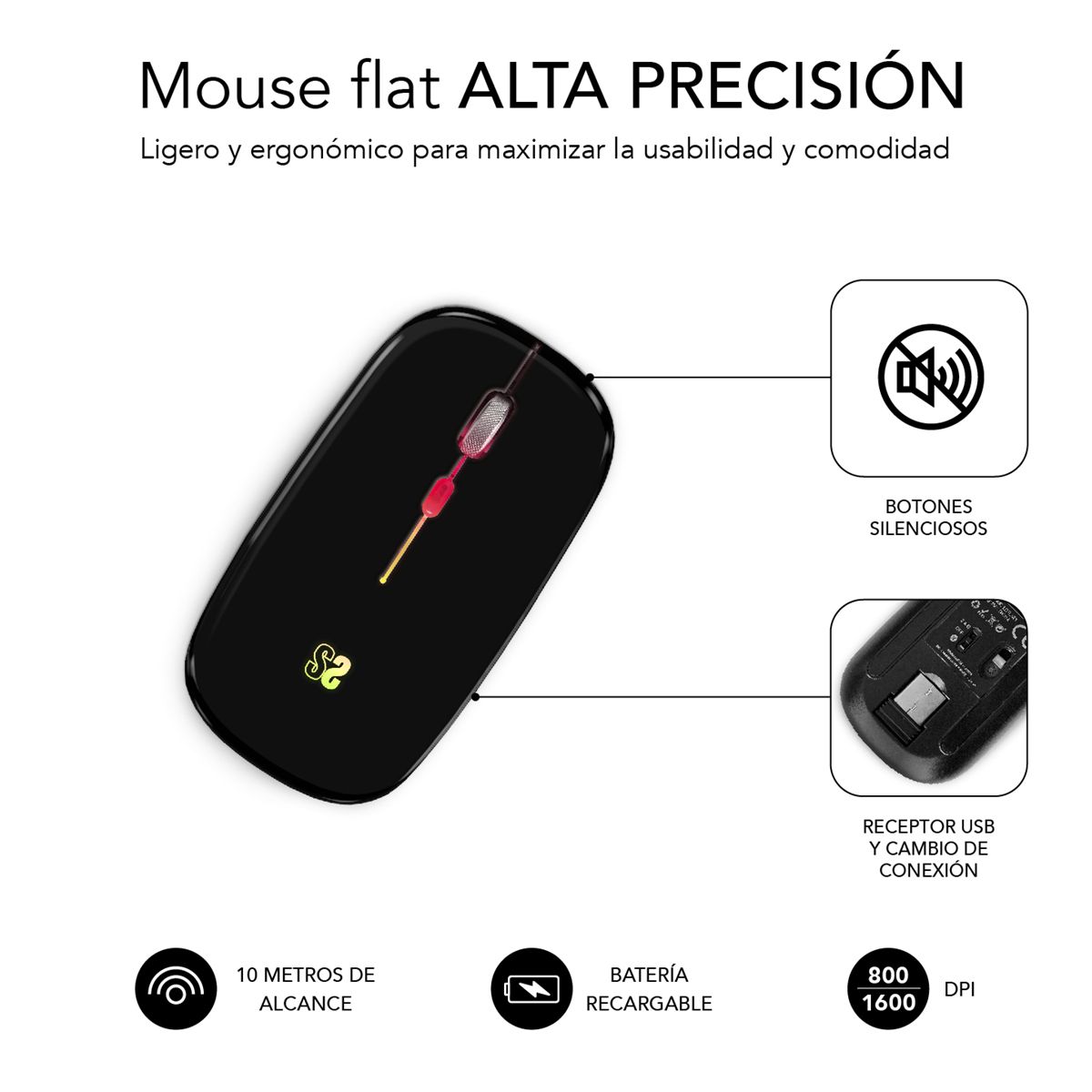 Ratón Óptico Inalámbrico 2.4G y Bluetooth RGB Led Dual Flat Mouse Negro