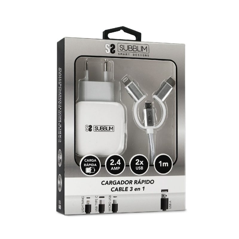 ✅ ABS DUAL WALL CHARGER (2.4A) + CABLE 3IN1 White