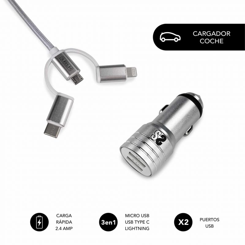 ✅ Dual Car Charger (2.4A) + Cable 3IN1 Silver
